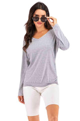 Perfee V Neck Drop Shoulder Open Back Sweatshirt - Chic Yana's Fashion