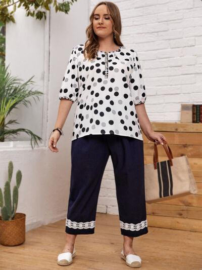 Plus Size Polka Dot Round Neck Half Sleeve Blouse - Chic Yana's Fashion