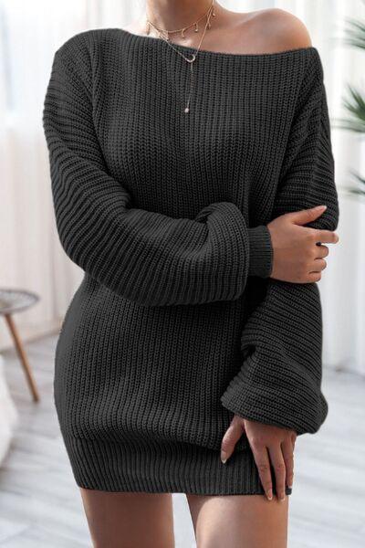 Boat Neck Long Sleeve Mini Sweater Dress - Chic Yana's Fashion