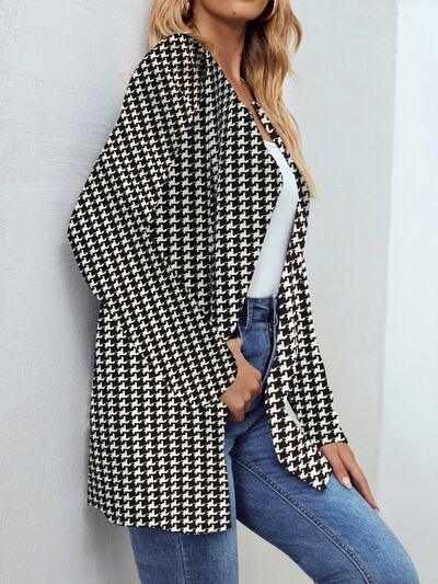 Houndstooth Open Front Long Sleeve Jacket - Chic Yana's Fashion