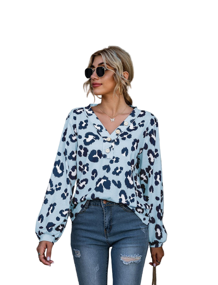 Chic Yana Fashion Leopard Print V-Neck Long Sleeve Women's T Shirt