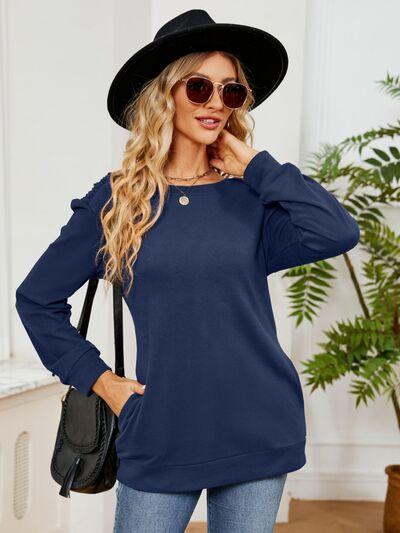 Ruched Shoulder Round Neck Long Sleeve Sweatshirt - Chic Yana's Fashion