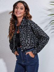 Leopard Button Up Collared Neck Cropped Jacket - Chic Yana's Fashion