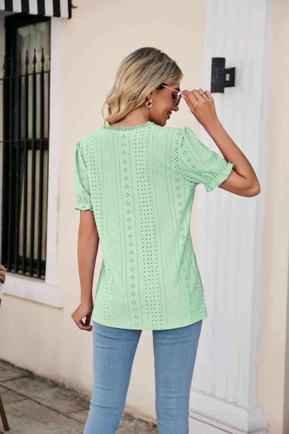 Eyelet Flounce Sleeve Scalloped V Neck Top - Chic Yana's Fashion