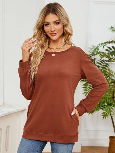 Ruched Shoulder Round Neck Long Sleeve Sweatshirt - Chic Yana's Fashion