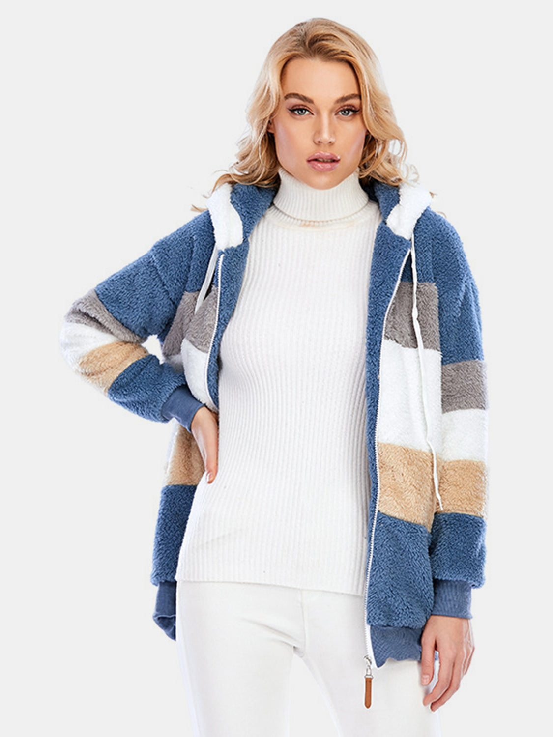Full Size Drawstring Color Block Zip Up Hooded Outerwear - Chic Yana’s Fashion