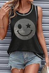 Rhinestone Smile Face Round Neck Tank - Chic Yana's Fashion