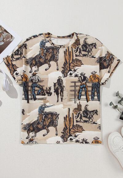 Cowboy Print Round Neck Short Sleeve T Shirt - Chic Yana's Fashion