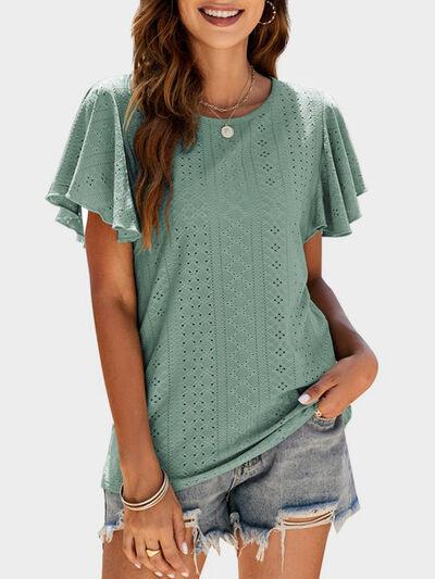 Mandy Eyelet Round Neck Flutter Sleeve Top - Chic Yana's Fashion