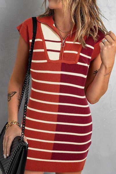 Striped Quarter Zip Cap Sleeve Sweater Dress - Chic Yana's Fashion