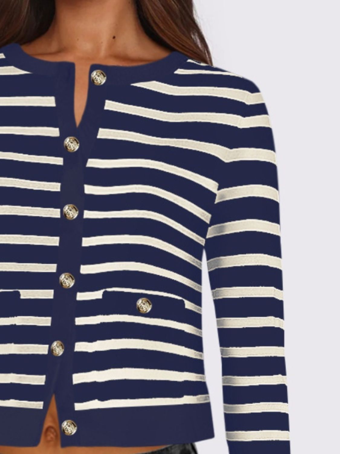 Striped Round Neck Button Up Long Sleeve Cardigan - Chic Yana’s Fashion