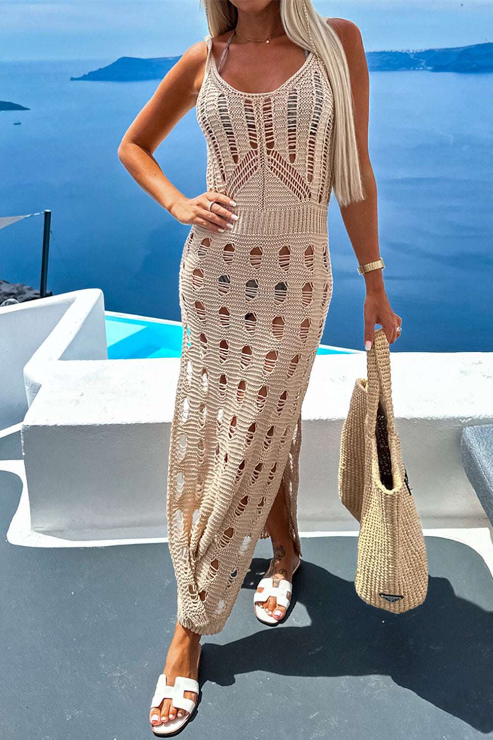 Openwork Slit Scoop Neck Sleeveless Cover Up - Stylish and Trendy Women's Fashion from Chic Yana's Fashion