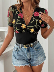 Perfee Embroidered V Neck Floral Bodysuit - Chic Yana's Fashion