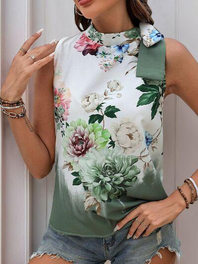 Tied Flower Printed Mock Neck Top - Chic Yana's Fashion