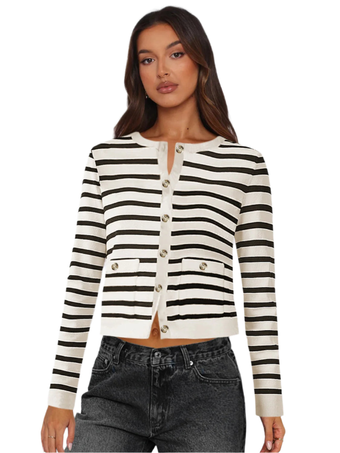Striped Round Neck Button Up Long Sleeve Cardigan - Chic Yana’s Fashion