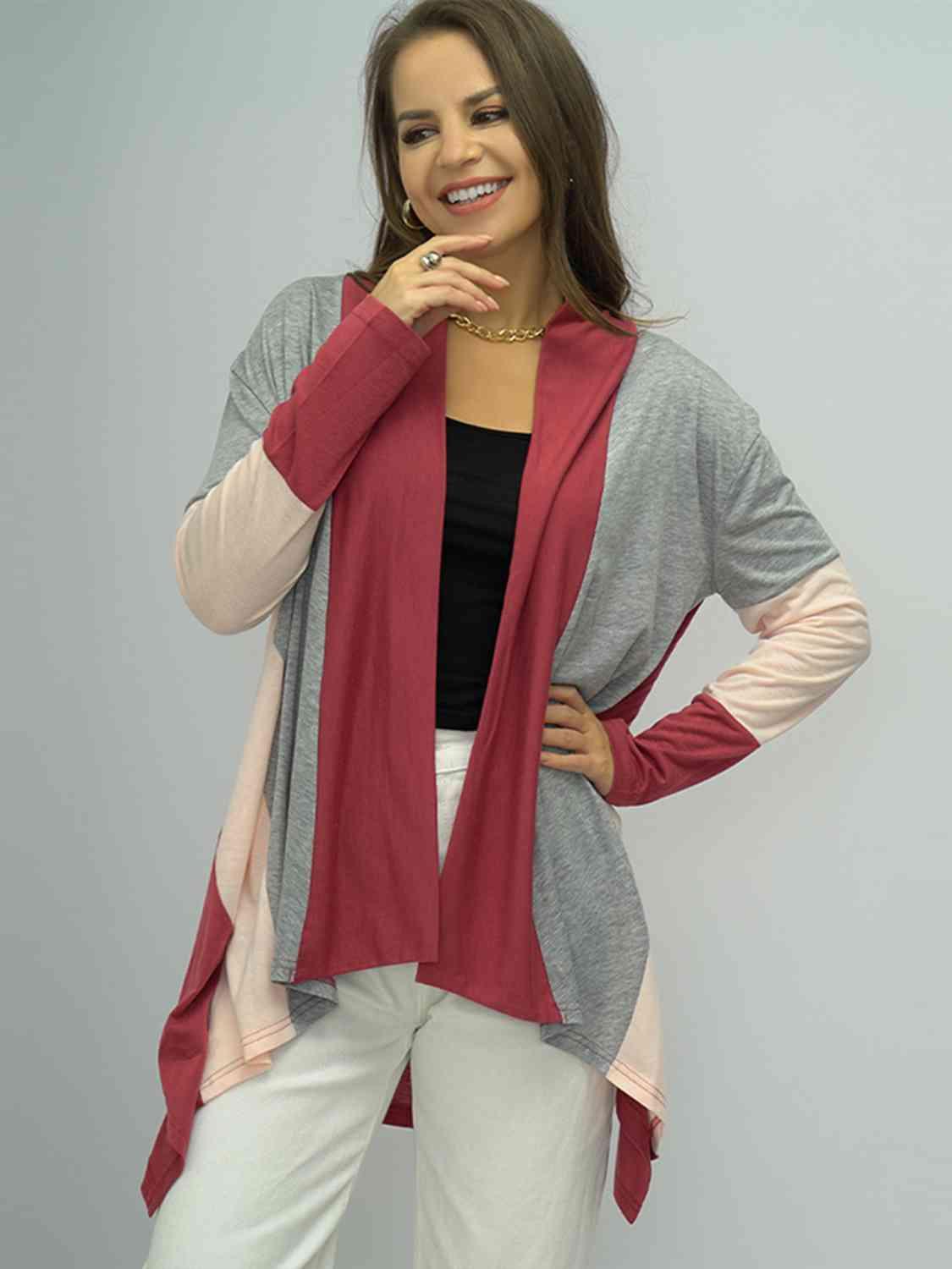 Shiny Color Block Open Front Cardigan - Chic Yana's Fashion