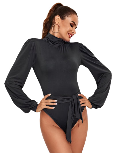Backless Tie Waist Turtleneck Lantern Sleeve Bodysuit - Chic Yana's Fashion