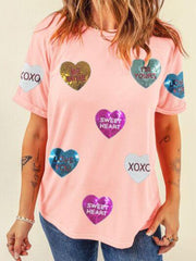 Valentine S Day Sequin Heart Round Neck Short Sleeve T Shirt - Chic Yana's Fashion