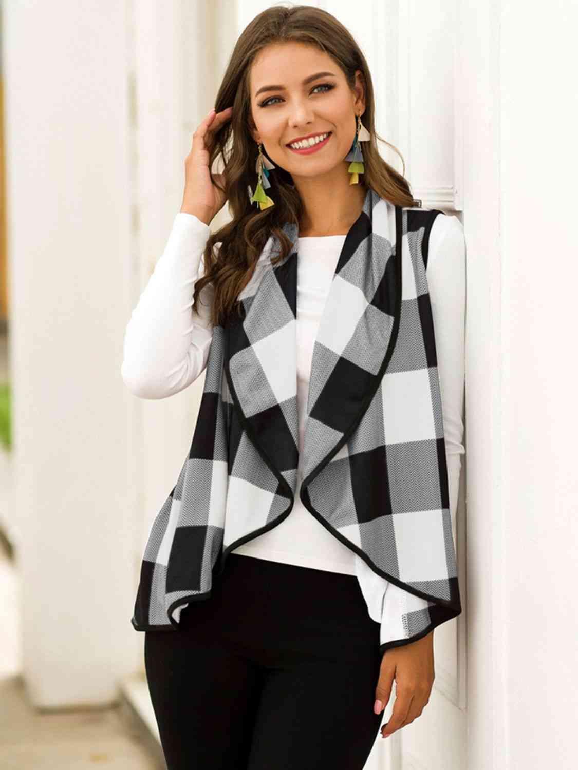 Shiny Plaid Open Front Sleeveless Cardigan - Chic Yana's Fashion