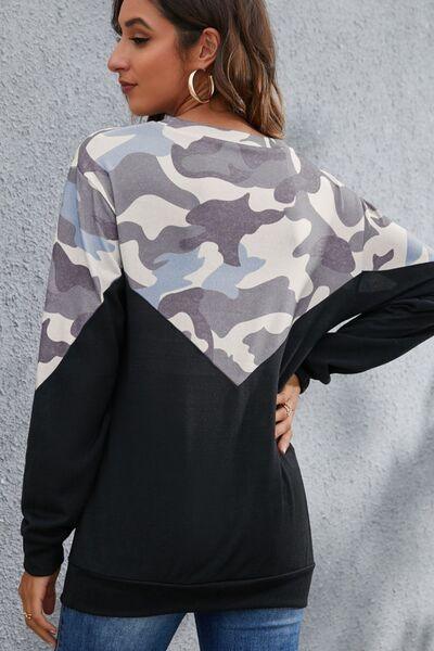 Camouflage Round Neck Long Sleeve Sweatshirt - Chic Yana's Fashion