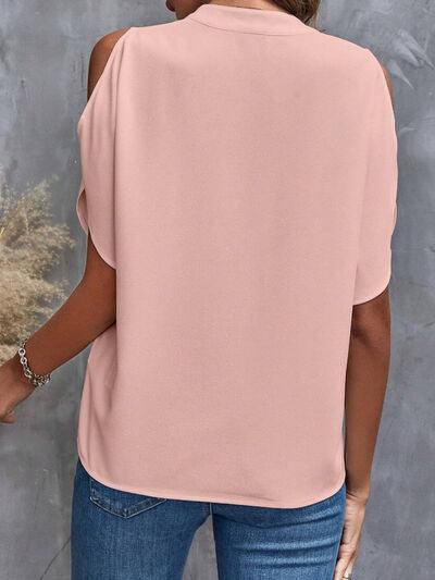 Notched Cold Shoulder Half Sleeve Blouse - Chic Yana's Fashion