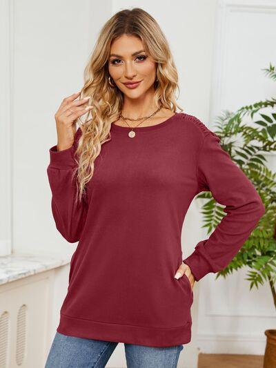 Ruched Shoulder Round Neck Long Sleeve Sweatshirt - Chic Yana's Fashion