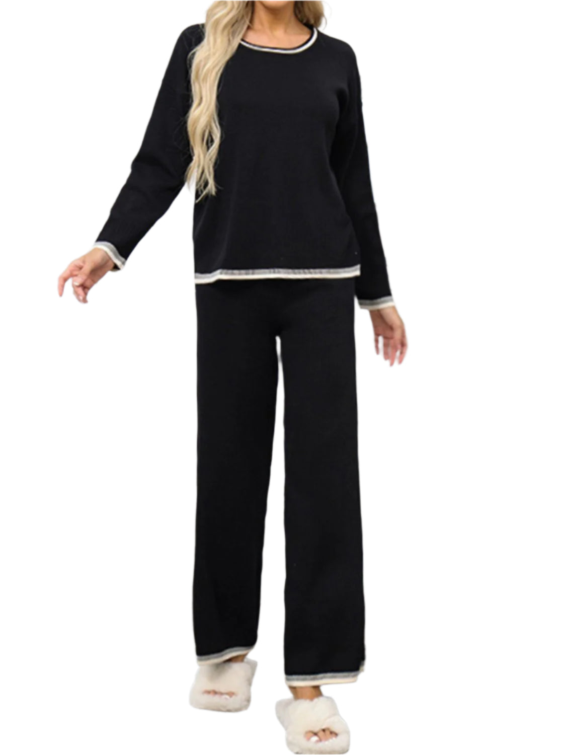 Contrast Trim Round Neck Top and Pants Sweater Set - Shop Now at Chic Yana's Fashion