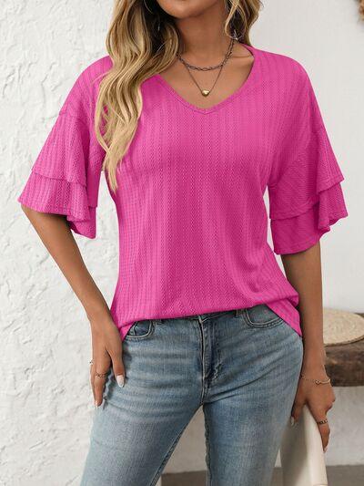 Mandy V Neck Ruffle Half Sleeve Top - Chic Yana's Fashion