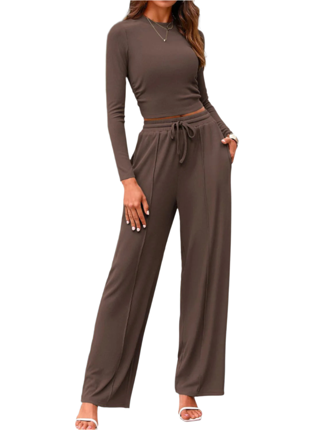 Devine Round Neck Long Sleeve Top and Pants Set - Shop Now at Chic Yana's Fashion