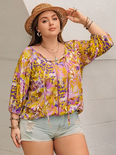 Plus Size Printed Tie Neck Blouse - Chic Yana's Fashion