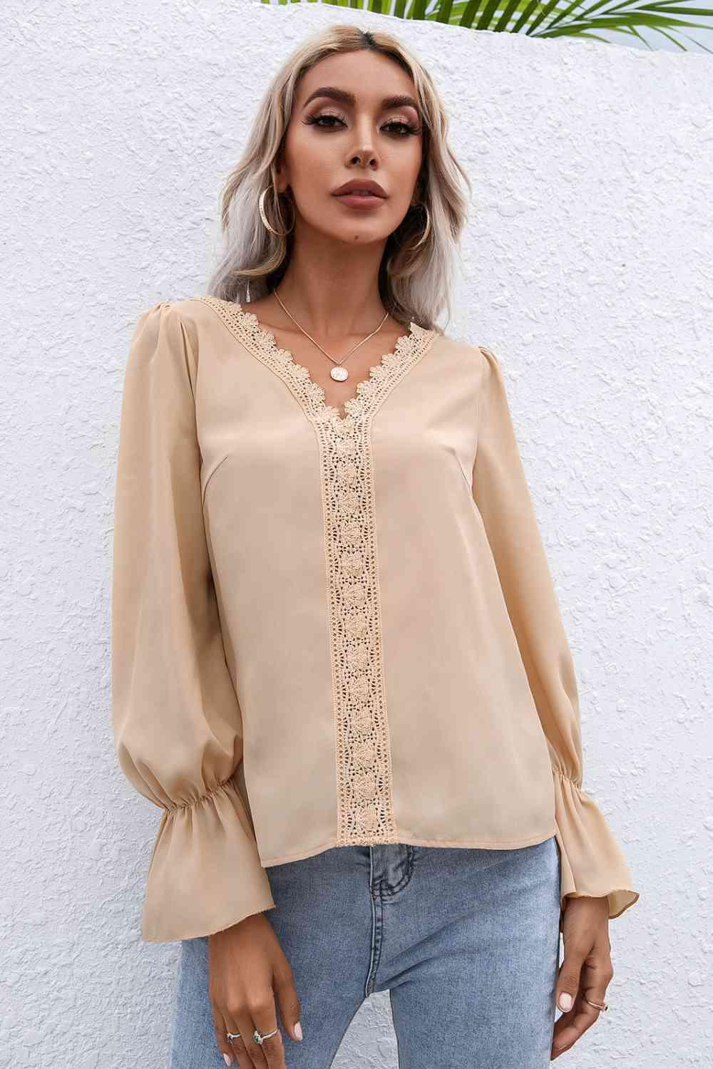 Ivy Lane Lace Trim Flounce Sleeve Blouse - Chic Yana's Fashion