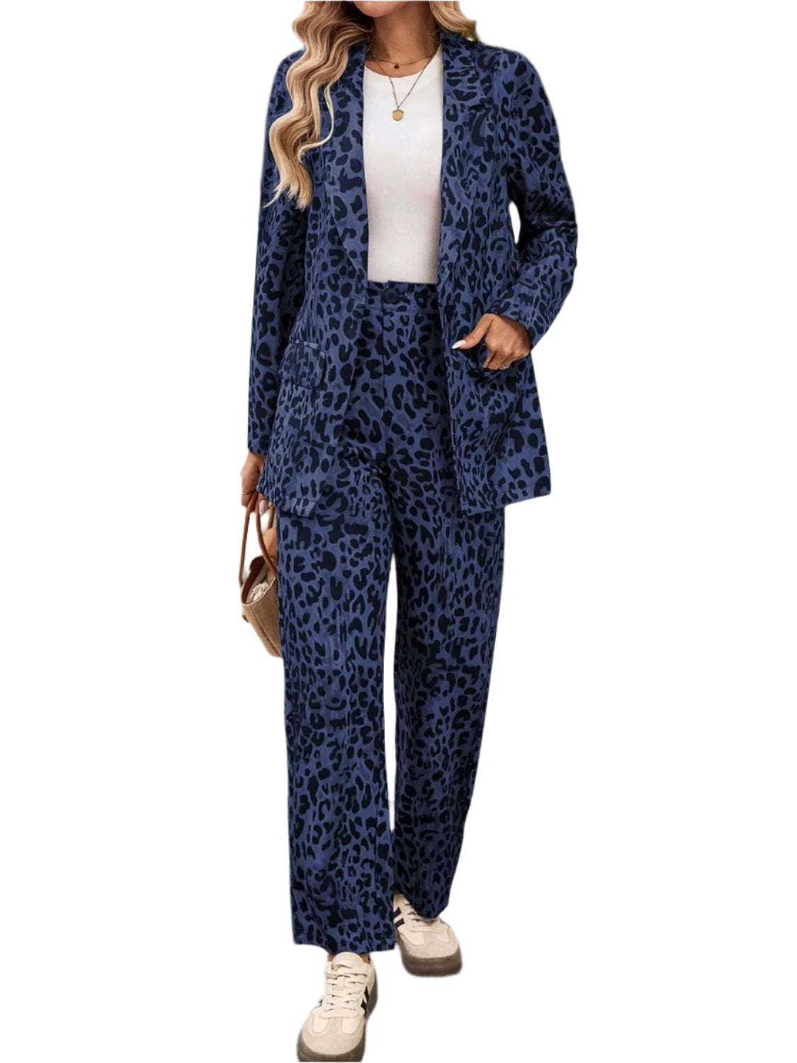 Full Size Leopard Lapel Collar Long Sleeve Blazer and Pants Set - Shop Now at Chic Yana's Fashion