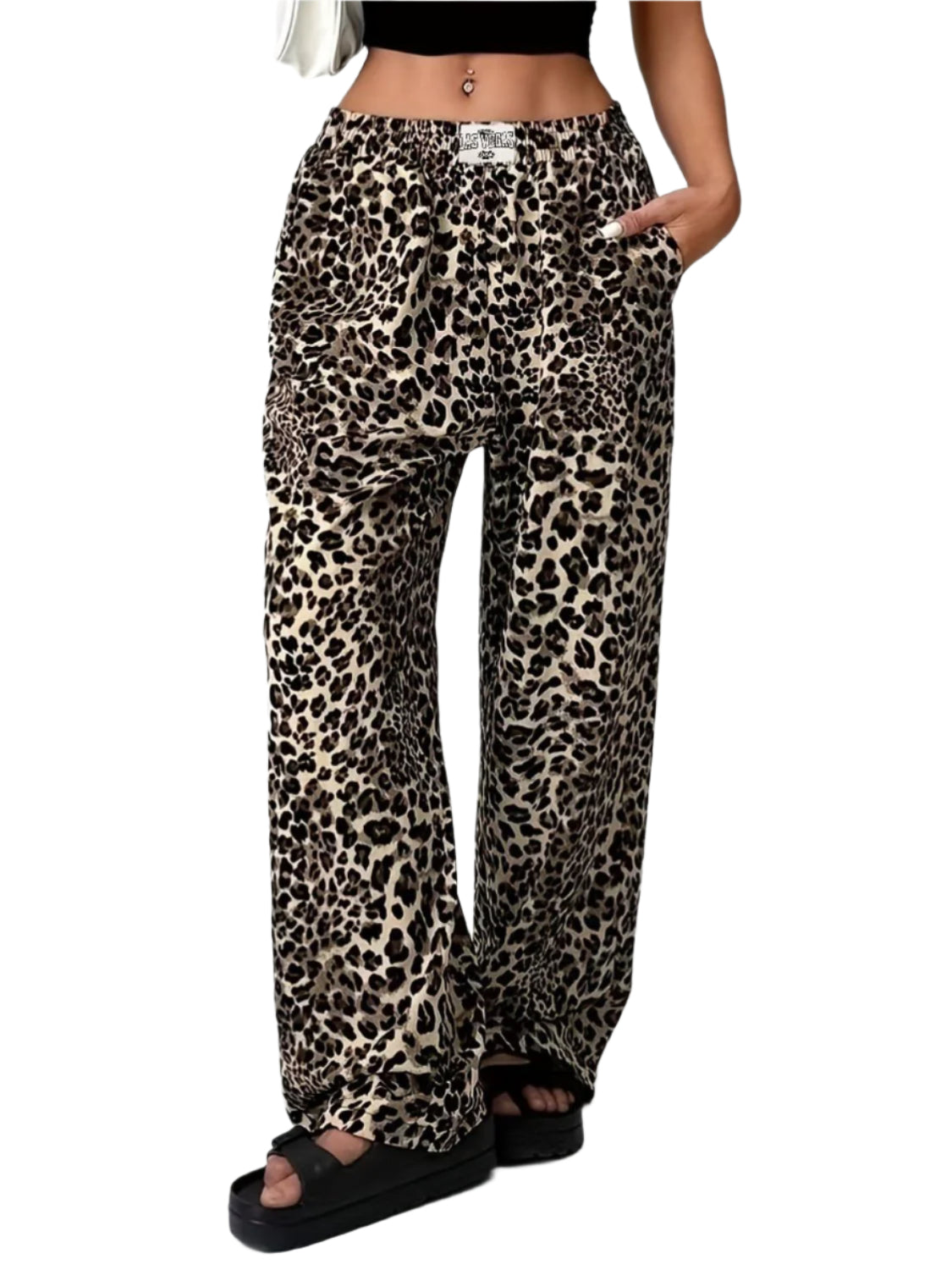 Close-up of Leopard Wide Leg Pants with Pockets, showcasing high-quality fabric and design.