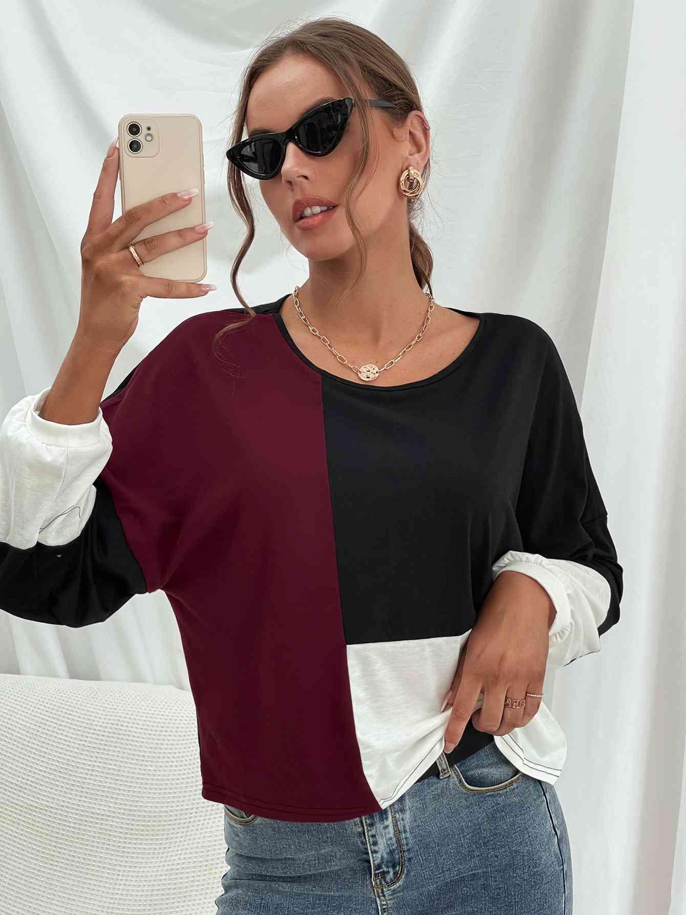 Ivy Lane Three Tone Color Block Dropped Shoulder Long Sleeve Tee - Chic Yana's Fashion