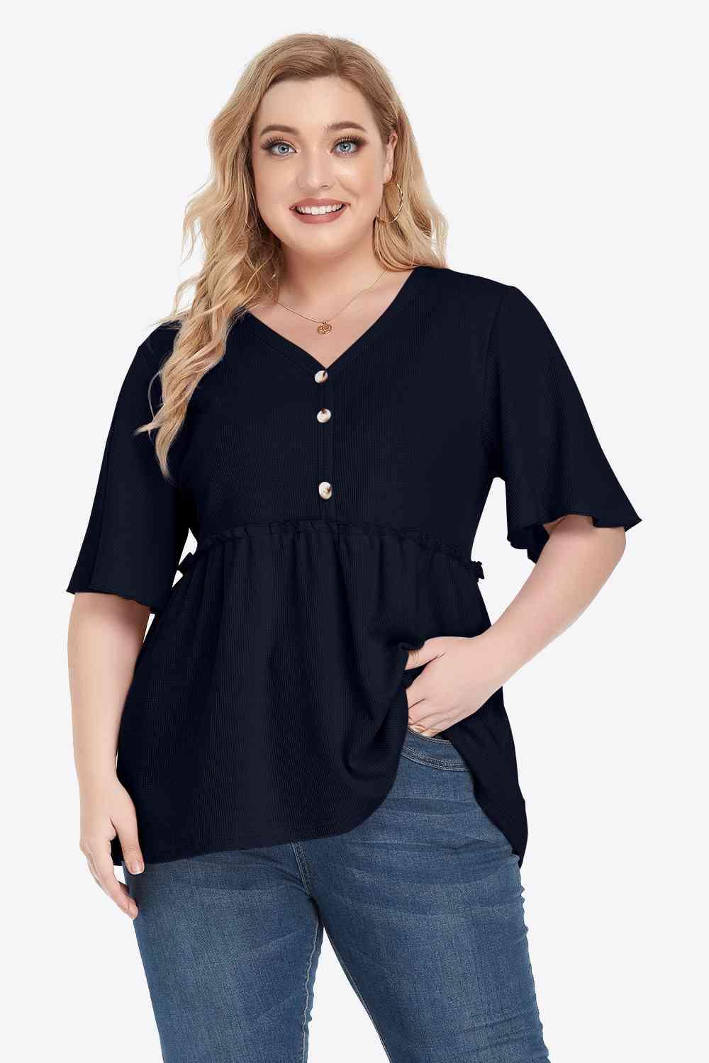 Plus Size Buttoned V Neck Frill Trim Babydoll Blouse - Chic Yana's Fashion