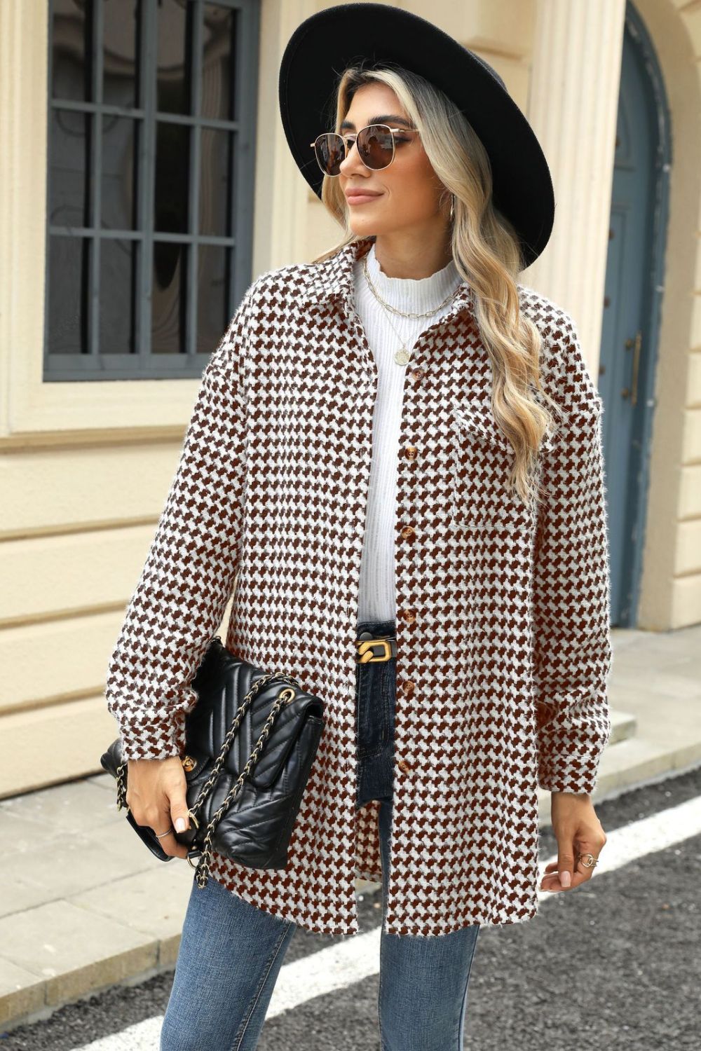 Houndstooth Button Up Dropped Shoulder Coat - Chic Yana’s Fashion