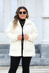 Plus Size Fuzzy Collared Neck Long Sleeve Jacket - Chic Yana's Fashion