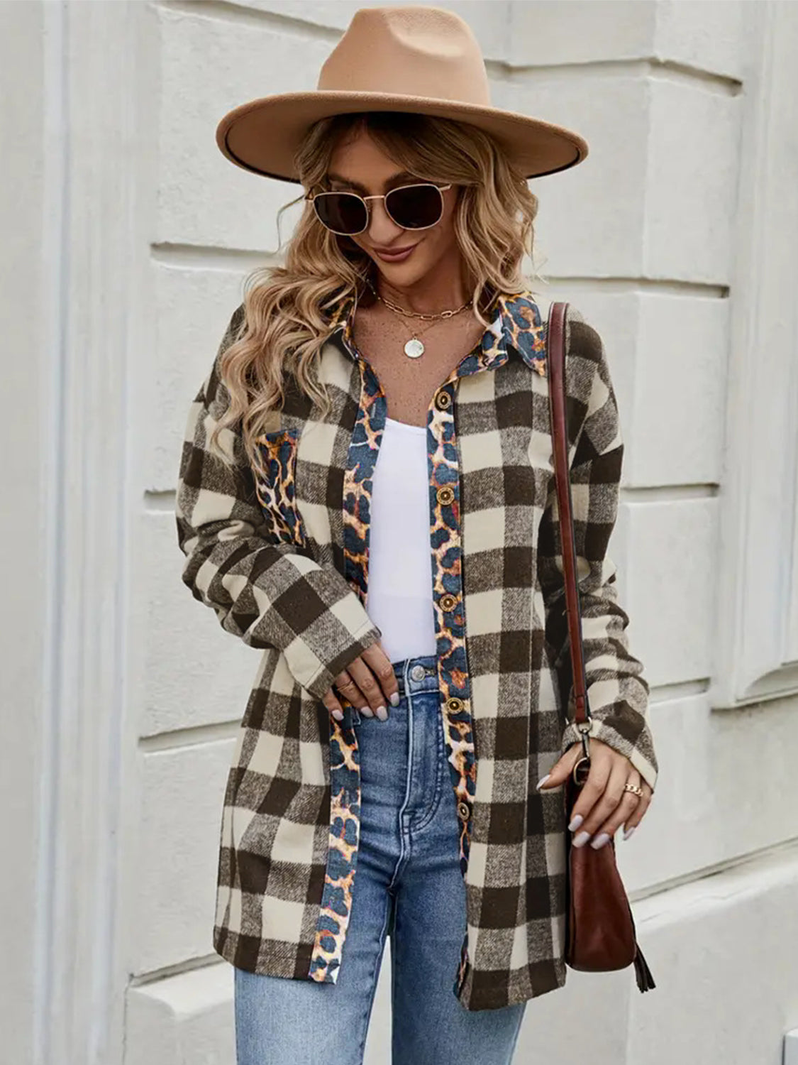 Flattering fit and modern design make the Leopard Trim Plaid Collared Neck Long Sleeve Shirt a standout piece.