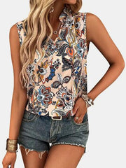 Printed Notched Sleeveless Top - Chic Yana's Fashion