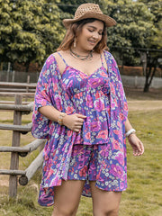 Plus Size Printed Cami Open Front Cover Up And Shorts Set - Chic Yana's Fashion