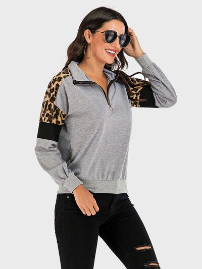 Perfee Contrast Leopard Half Zip Long Sleeve Sweatshirt - Chic Yana's Fashion