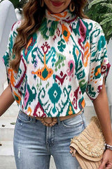 Printed Mock Neck Half Sleeve Blouse - Chic Yana's Fashion