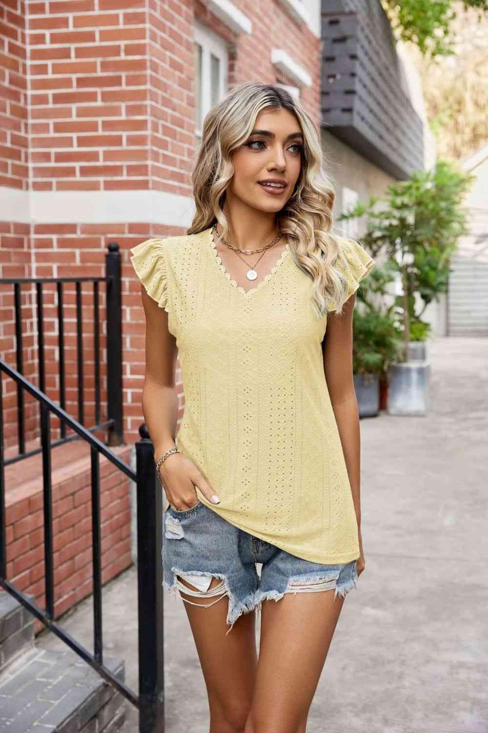 Eyelet Flutter Sleeve Scalloped V Neck Top - Chic Yana's Fashion