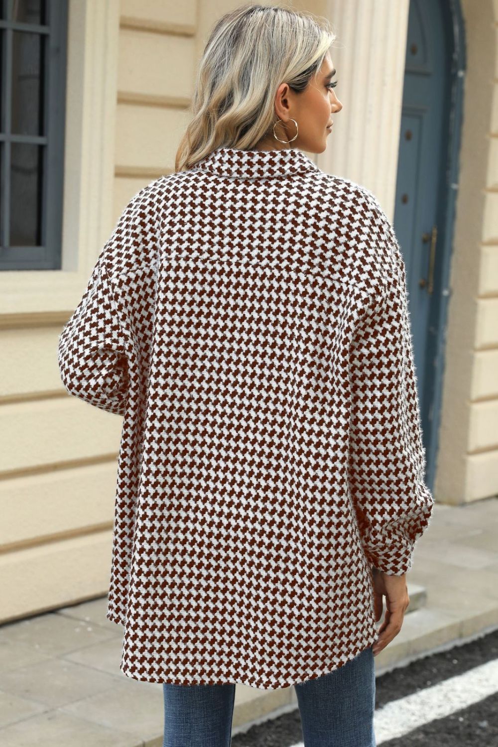 Houndstooth Button Up Dropped Shoulder Coat - Chic Yana’s Fashion