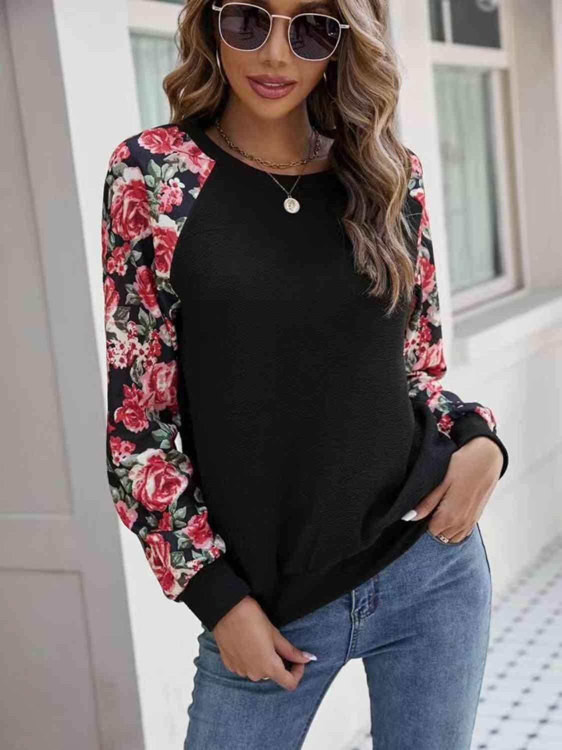 Floral Raglan Sleeve Round Neck Sweatshirt - Chic Yana's Fashion