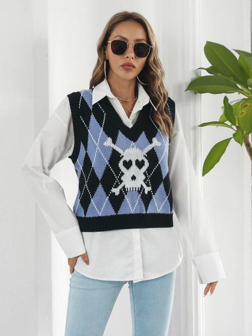 Skull Geometric V Neck Sweater Vest - Chic Yana's Fashion