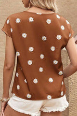 Daisy Printed Round Neck Short Sleeve Blouse - Chic Yana's Fashion