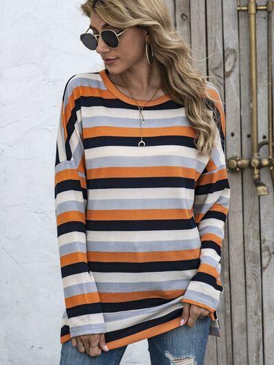 Full Size Striped Round Neck Long Sleeve T Shirt Plus Size - Chic Yana's Fashion