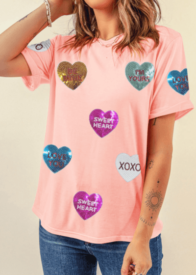 Valentine S Day Sequin Heart Round Neck Short Sleeve T Shirt - Chic Yana's Fashion