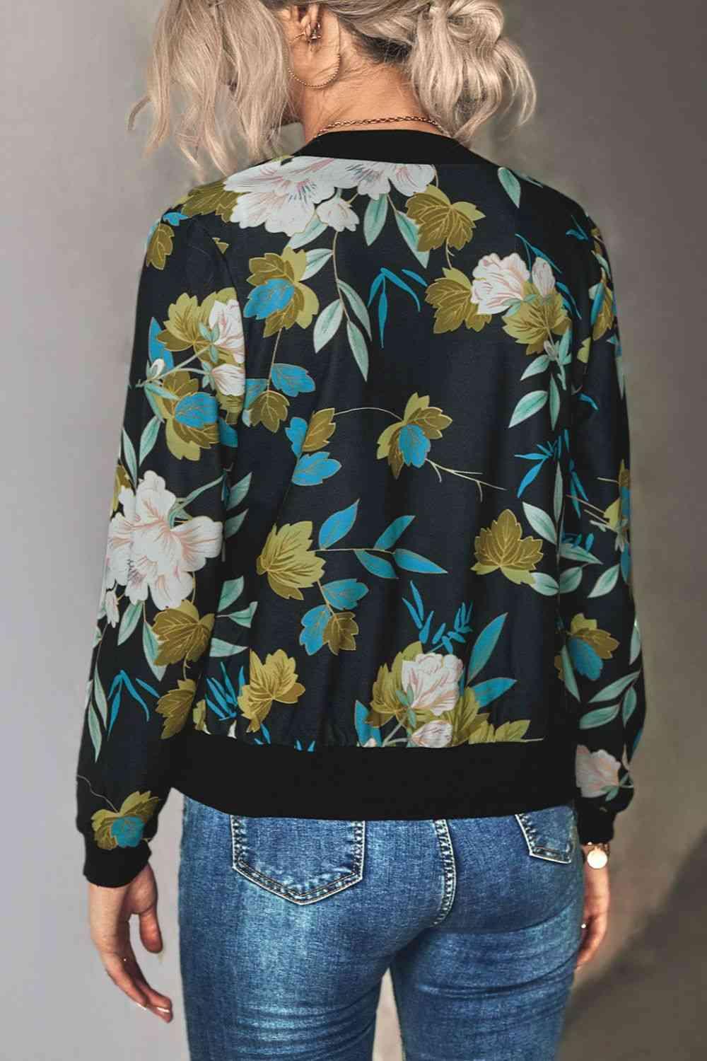 Floral Zip Up Ribbed Trim Bomber Jacket - Chic Yana's Fashion